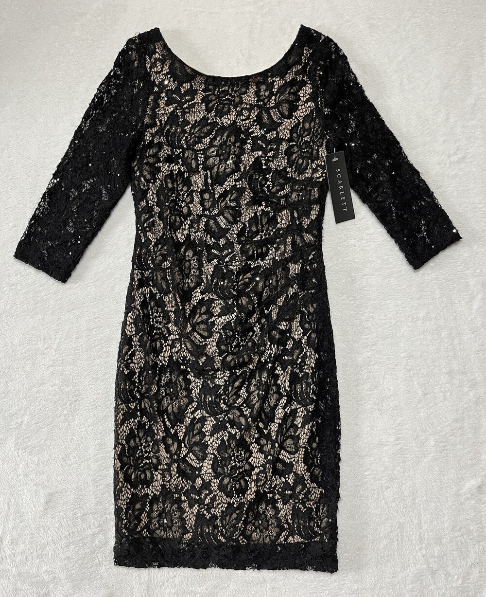 Scarlett Dress Womens 4 Black Lace Sequin 3/4 Sleeve Sheath Lined Cocktail